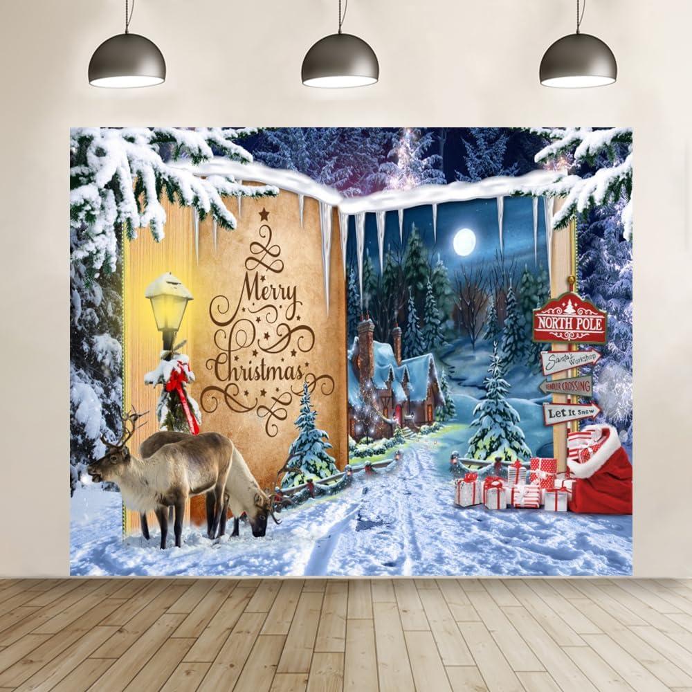Winter Christmas Backdrop 10x8ft Fairy Tale Book Wonderland Forest Reindeer Background North Pole Snow Scene Xmas Tree Santa Claus Backdrop Christmas Holiday Party Decorations Banner Photo Booth