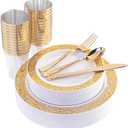 WELLIFE 175 PCS Gold Plastic Plates, Gold Rim Plastic Dinnerware Set, Includes: 25 Dinner plates, 25 Salad Plates, 25 Tumblers 9oz, 50 Forks, 25 Knives and 25 Spoons for Party