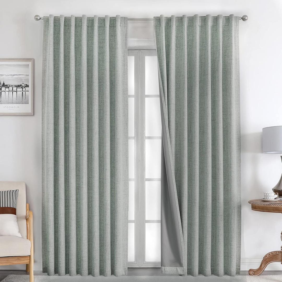 Joydeco Linen Curtains 96 inches Long 100% Blackout Drapes 95 inch Length 2 Panels Set for Bedroom Living Room Black Out Darkening Curtain Thermal Insulated Back tab Rod Pocket(52x96 inch,Sage Green) (52"W x 96"L (Pack of 2))