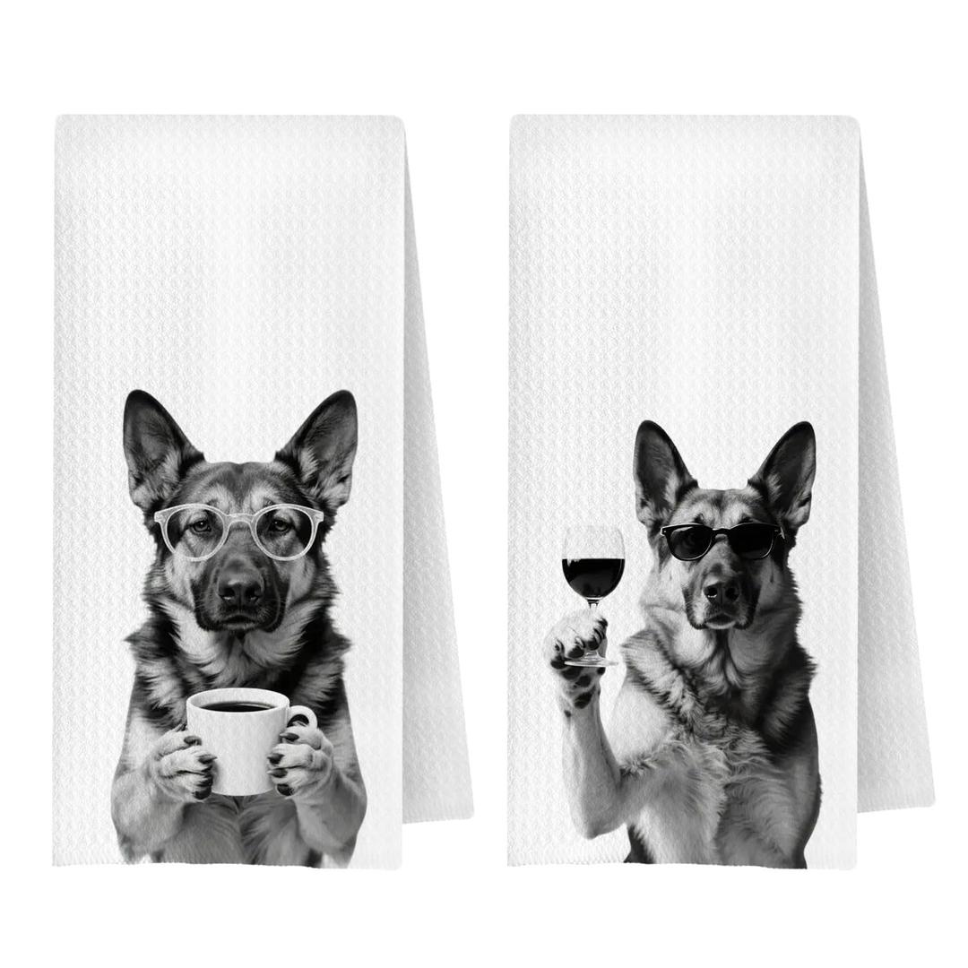 JWERBENPEY German Shepherd Wine Coffee Kitchen Towels Decorative, German Shepherd Gifts, Wine and Coffee Lovers Drinkers Gifts, Dog Dish Hand Tea Towels for Kitchen, 16x24 Inch Set of 2