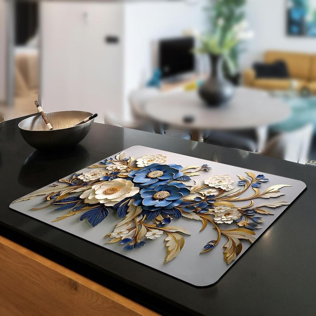 3D Dish Drying Mat For Kitchen Counter Dish Mats Yellow Flower Dish Draining Mats Spring Summer Floral Dishes Pad Microfiber Absorbent Dish Drainer Rack Mat 16x20″ (Color A, 16x20 Inch)