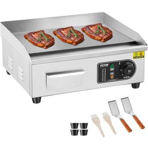 VEVOR Commercial Electric Griddle, 1700W Countertop Flat Top Grill, 18in Stainless Steel Griddle Grill with 2 Shovels and 2 Brushes for Home or Restaurant, 122-572  Adjustable Temp