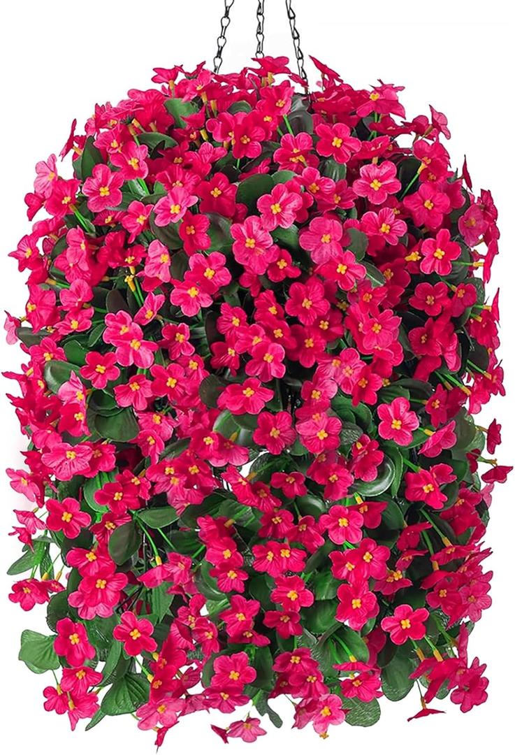 Artificial Fake Hanging Flowers Plants Baskets for Outdoor Outside Porch Decoration, Faux Silk Hotpink Realistic UV Resistant Orchid Long Vines in Planter for Spring Summer Home Patio Balcony