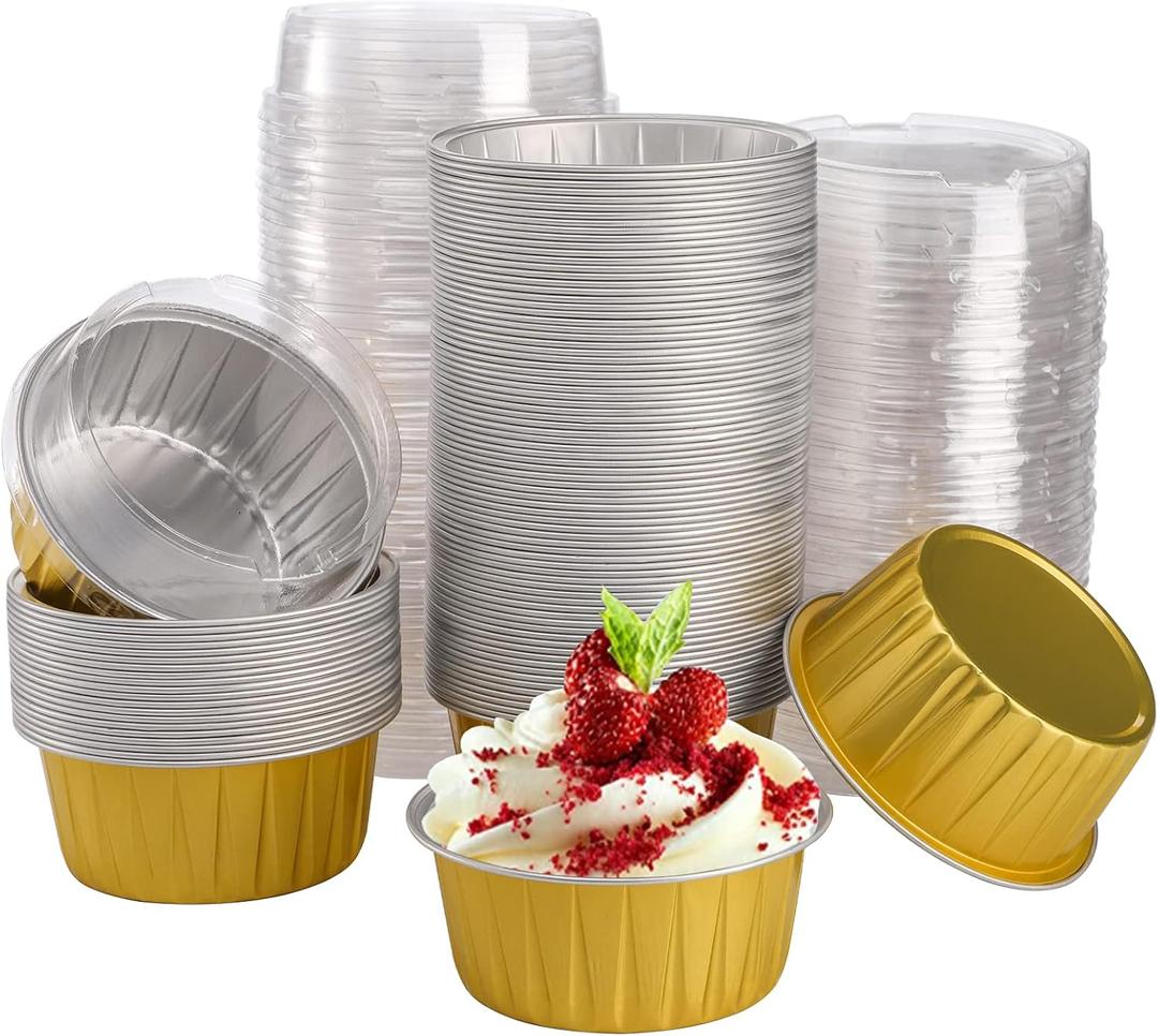 DEAYOU 100-Pack Aluminum Foil Baking Cups with Lids, 5oz Disposable Muffin Cupcake Ramekins, 3" Recyclable Cupcake Foil Liners Mini Tart Pie Tin Pan Holder for Souffle, Pudding, Party, Wedding, Gold