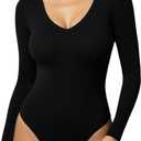 YOGINGO Women's Long Sleeve Deep V Neck Bodysuits Tops Going Out Body Suits for Women Fashion Tank Top Leotards Outfits (Large, Black)
