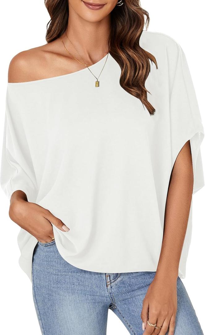 LYANER Women's Casual Loose Off Shoulder Batwing Half Sleeve Blouse Shirt Tunic Top (X-Large, White)