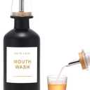 11.8OZ Glass Mouthwash Dispenser for Bathroom with Stainless Steel & Bamboo Nozzle, Mouthwash Cup Reusable, Bamboo Tray, and Elegant Gold Sticker.(Black)