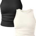 OQQ Women's 2 Piece Tank Tops Crew Neck Sleeveless Basic Stretch Casusal Yoga Crop Camis (Medium, Black,Beige)