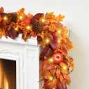 SHareconn 6ft Fall Garland with Lights, Autumn Leaves Garland with Realistic Pumpkins, Thanksgiving Christmas Decorations for Mantle Home Wedding Table Porch Indoor Outdoor, Orange, 6 FT