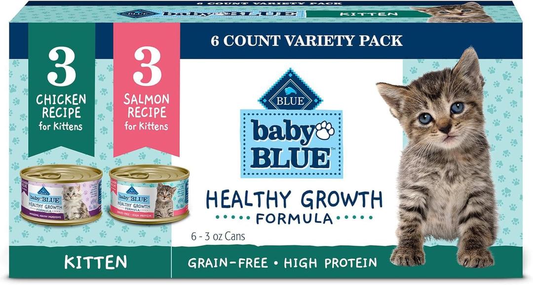 Blue Buffalo Baby Blue Natural Kitten Wet Cat Food Pat Variety Pack, Healthy Growth Formula with DHA, High-Protein & Grain-Free, Chicken and Salmon Recipes, 3-oz Cans (6 Count, 3 of Each) (EXP 03/14/28)