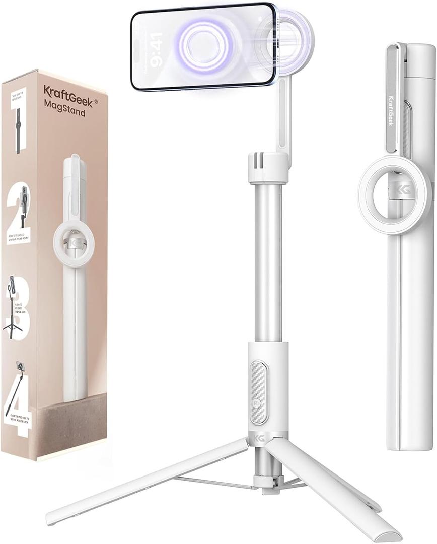 KraftGeek Magnetic Phone Tripod for iPhone Magsafe, 64 Selfie Stick Tripod Stand with Remote, Travel Cell Phone Stand for iPhone 17 Pro Max (64 Inches-White)