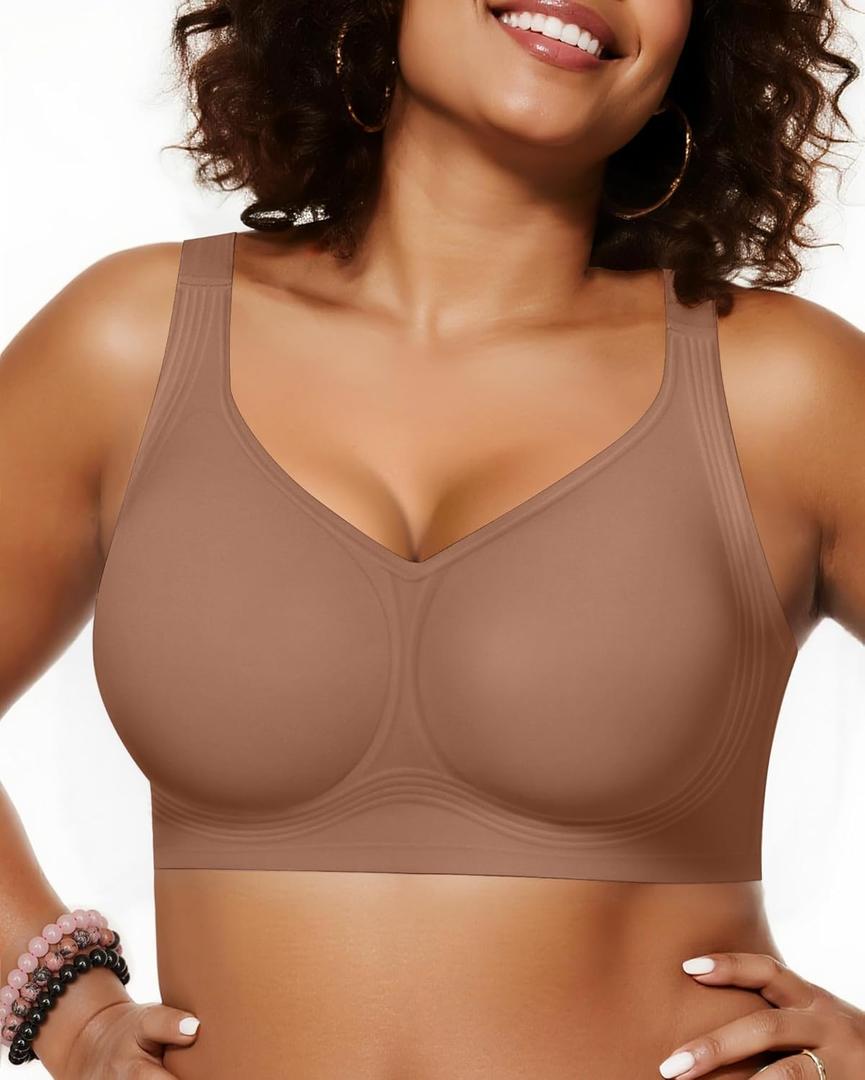 OEAK Womens Wireless Jelly Bra Plus Size Supportive Seamless Bras Full Coverage Push Up Comfortable No Underwire Tshirt Bras (Coffee, M)