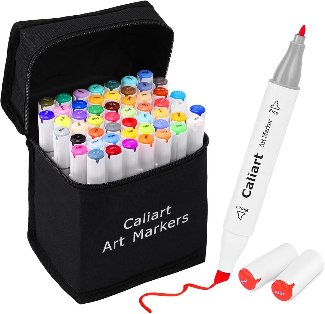 Caliart Alcohol Based Markers, 52 Colors Art Marker Set Fine & Chisel Dual Tip, Permanent Colored Pens for Adults Artists Coloring Book Illustration Sketch Lettering Drawing Cards Planner (52 Count (Pack of 1))