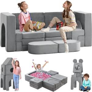 22Pcs Modular Play Couch, Floor Sofa 1000+DIY Creativing Playroom Furniture, Convertible Foam and Floor Cushion for Boys and Girls, Grey Black