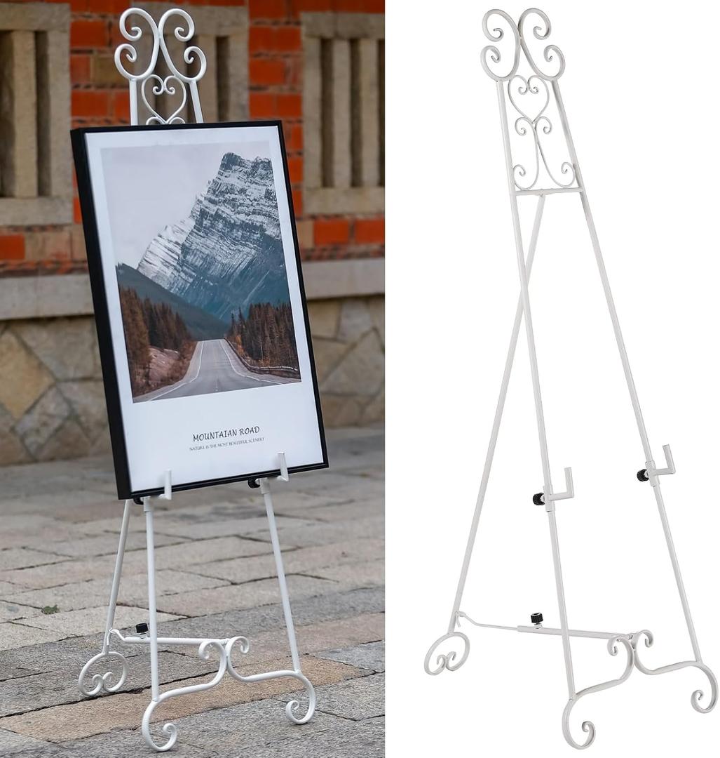 Metal Free Standing Adjustable Display Stand Scroll Easel with Chain Support, White Easel Stand for Sign, Wedding, Picture Frame. (No Installation Required), 17.32L x 24.4W x 56.4H inches