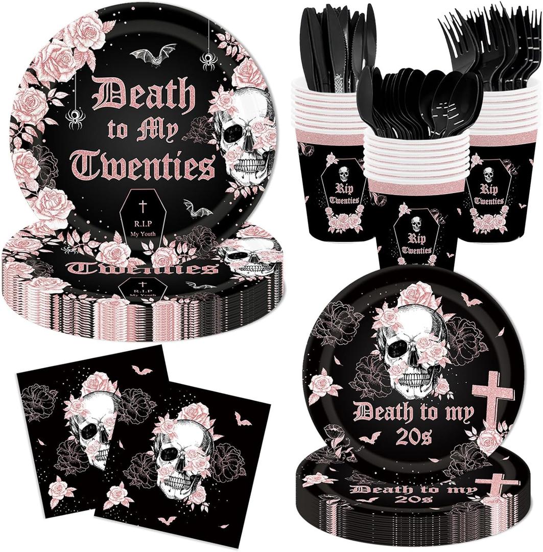 AIBIIN Death to My 20s Decorations Rose Gold and Black Death to My Twenties Tableware Set 30th Birthday Party Disposable Paper Plates Napkins Rip to My 20s Birthday Tableware Supplies for 24 Guests