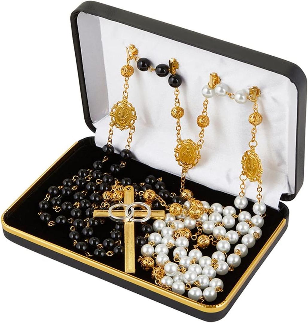 Rosary Lasso for Wedding Ceremony with Case, Gold Tone Crucifix and Medals with Black and Ivory Beads, Traditional Catholic Marriage Lazo Cord Unity Rope for Couples, 4.25 Inch Cross