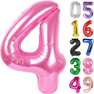 Pink Number 4 Balloon 40 Inch, 4th Birthday Party Decorations for Children, Giant 4 Foil Balloon for Party Supplies