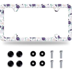 White Purple Tulips Flower License Plate Frame Beautiful Floral License Plate Frames Stainless Steel Accessories Cars Decor with 4 Holes and Screws Fits Standard US CA Vehicles Size 12.2 x 6 Inches