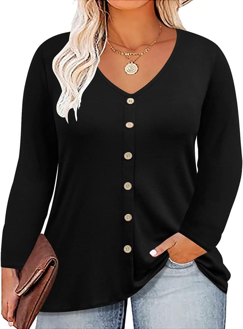 RITERA Plus Size Tops for Women Long Sleeve Button Down Shirts Casual Fall V Neck Blouses XL-5XL (Black)