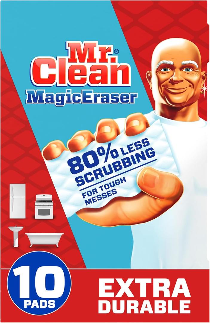 Mr. Clean Magic Eraser, Extra Durable, Multi Purpose Cleaner, Shoe, Bathroom, Shower, and Car Window and Windshield Cleaner, Cleaning Pads, 10 Count Mr. Clean Magic Eraser, Extra Durable, Multi Purpose Cleaner, Shoe, Bathroom, Shower, and Car Window and Windshield Cleaner, Cleaning Pads, 10 Count