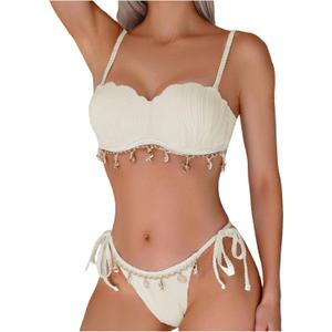 MakeMeChic Women's Bikini Set Textured Scallop Trim Shell Tie Back Bathing Suits (Beige) MakeMeChic Women's Bikini Set Textured Scallop Trim Shell Tie Back Bathing Suits (Beige)