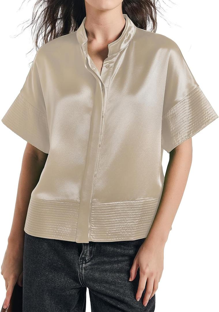 D-Sun Women's Casual Button Down Shirts Oversized Short Sleeve Stand Collar Tops Trendy Work Blouses (Beige, L)