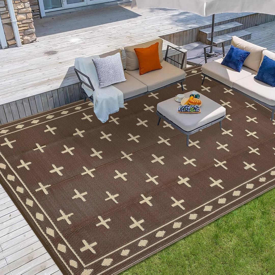 Outdoor Rug 9x12 Modern Area Rugs for Indoor and Outdoor Patios and Porches - Waterproof, Washable, Non-Shedding, Easy-to-Clean Outside Carpet，Brown/Coffee
