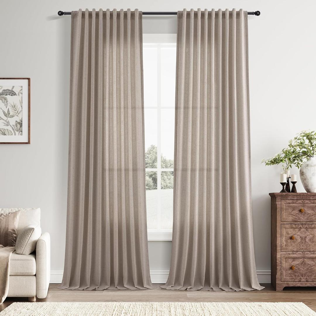 Nanspring Linen Curtains 96 Inches Long for Living Room Back Tab Semi Sheer Floor to Ceiling 8ft Light Filtering Curtain Boho Farmhouse Decor Window Drapes for Bedroom 52x96 2 Panels Ecru