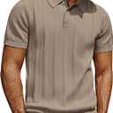 PJ PAUL JONES Mens Polo Shirts Short Sleeve Textured Knit Polo Shirt Ribbed Casual Golf Shirts (Small, Camel)