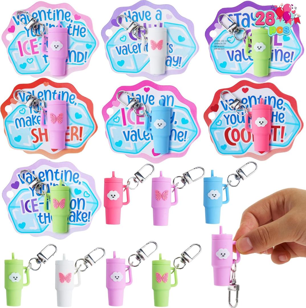 JOYIN 28 Pack Valentines Day Gifts for Kids Classroom, Cute Mini Tumbler Keychain with Valentines Day Cards, Mini Cups for Boys Girls School Classroom Exchange Gift, Party Favor, Classroom Prizes
