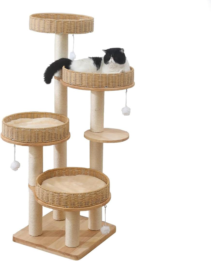 Modern Cat Tree for Indoor Cats Large Adult, 54''Tall Cat Tower with Scratching Post, Wood Cat Tree for Large Cats with Multi-Levels, 4 Weaving Washable Handwoven Rattan Cat Condo