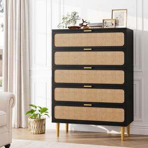 GarveeHome Rattan 5 Drawer Dressers for Bedroom, Tall Dresser with Deep Drawers, Large Chest of Drawers for Closet with Wide Top, Long Wooden Dresser for Living Room, Hallway, Kids Room, Black (31.5"D x 16.1"W x 47.2"H (5 Drawers))