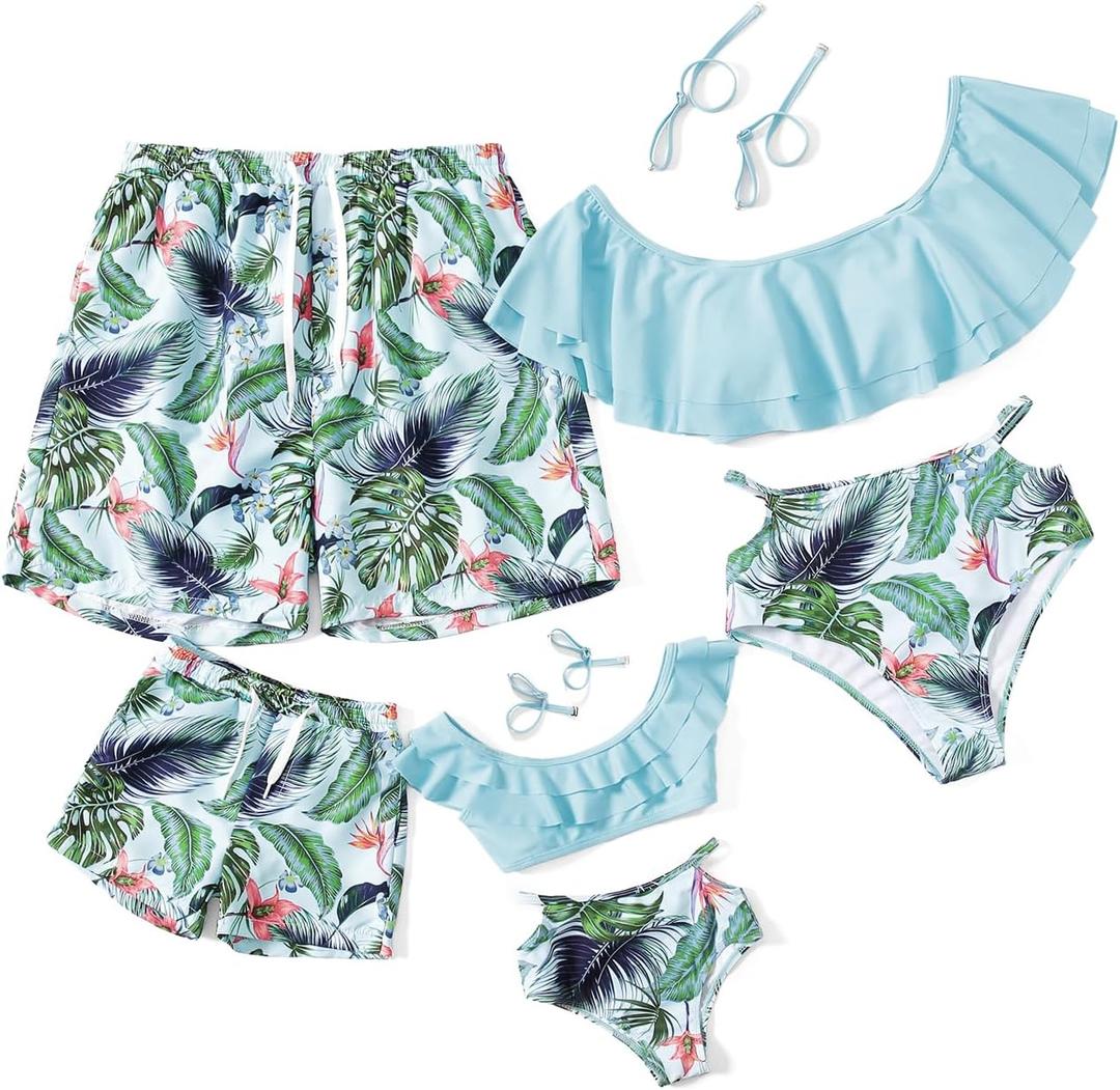 IFFEI Mommy and Me Family Matching Swimsuits Two Piece Bikini Set Ruffles Bathing Suits with Straps Green Little Boys: 9-12 Months