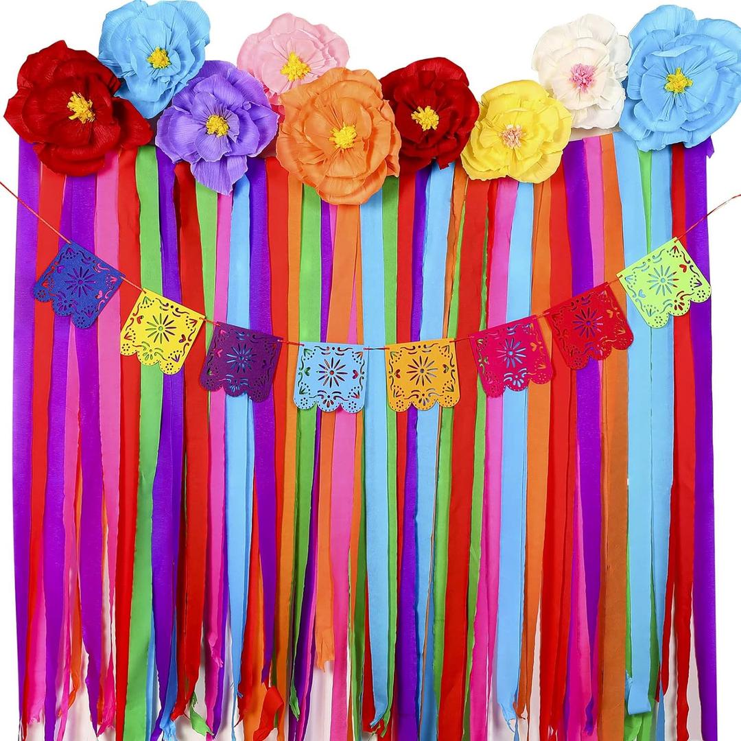TaoBary 16 Pcs Mexican Paper Flowers Mexican Party Decorations Streamer Backdrop and Papel Picado Banner Mexico Fiesta Party Decorations Supplies Set for Cinco De Mayo Party Wedding(Classic Style)