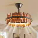 19.7 Rustic Caged Ceiling Fan with Light, Farmhouse Wood Fandelier Ceiling Fan, 6 Speed and Reversible, Dimmable LED Chandelier Fan with Charred Leaves for Bedroom, Kitchen, Living Room, D19.7"