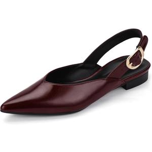 IDIFU Women's Flats Pointed Toe Slingback Dress Shoes for Women Comfortable Dressy Fashion Trendy Flat Shoes Work Bridal Wedding Office Cute Buckle Dress Flats
 (7, Red Pu)