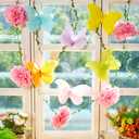 OBBOLO 3D Hanging Butterfly Decorations, Colorful Butterfly Birthday Party Decorations with Tissue Pompom Garland, 6 Pcs Paper Hanging Decorations for Girls, Women, Flower Garden Party Dcor