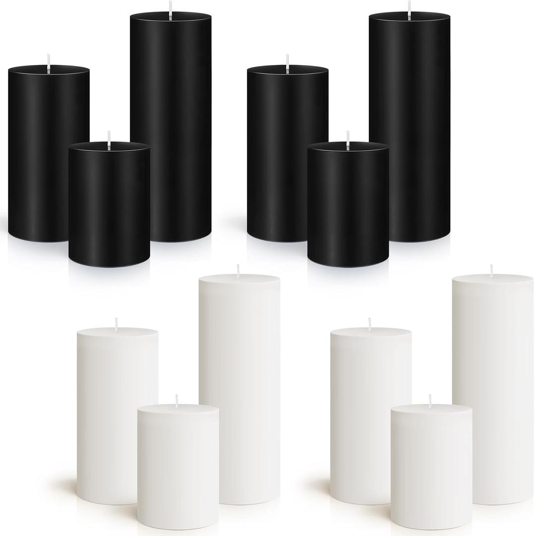 Sumind Set of 12 Pillar Candles Bulk 3"x 4", 6", 8" Dripless Unscented Poured Candles Long Clean Burning Tapers for Wedding Rustic Party Spa Bath Home Decor Relaxation All Occasions(Black, White) (Multicolor)