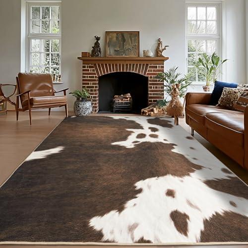 plumlik Cowhide Rug Area Rugs for Living Room, 8x10 Cow Print Rug Machine Washable for Bedroom Dining Room Western Home Decor Non-Slip Low Pile Indoor Floor Carpet