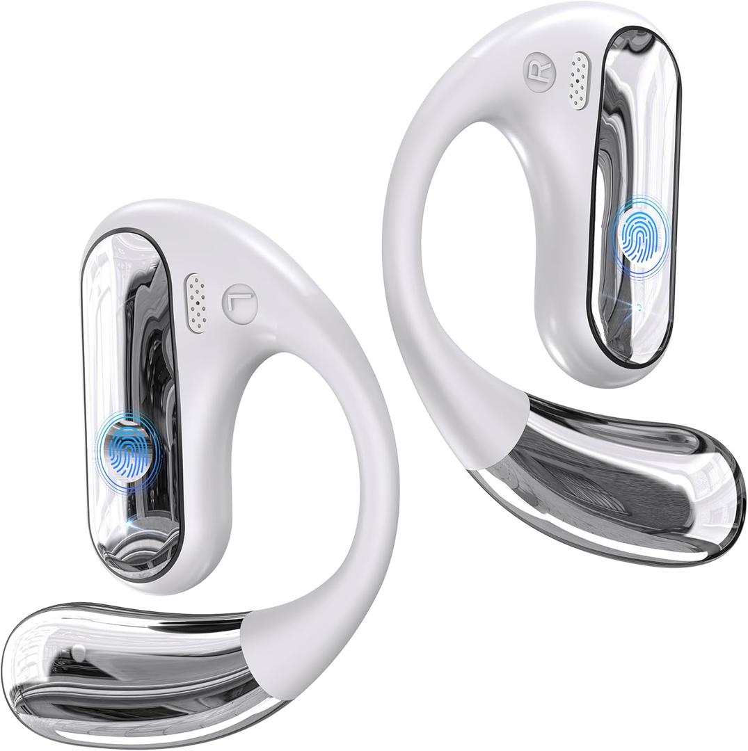 Open Ear Bluetooth 5.4 Headphones, 40Hrs Sport Earbuds, Ear Buds with Stereo Deep Bass and Built-in Mic, LED Display Charging Case, IPX7 Waterproof Earphones Equipped with Earhooks for Workout, White