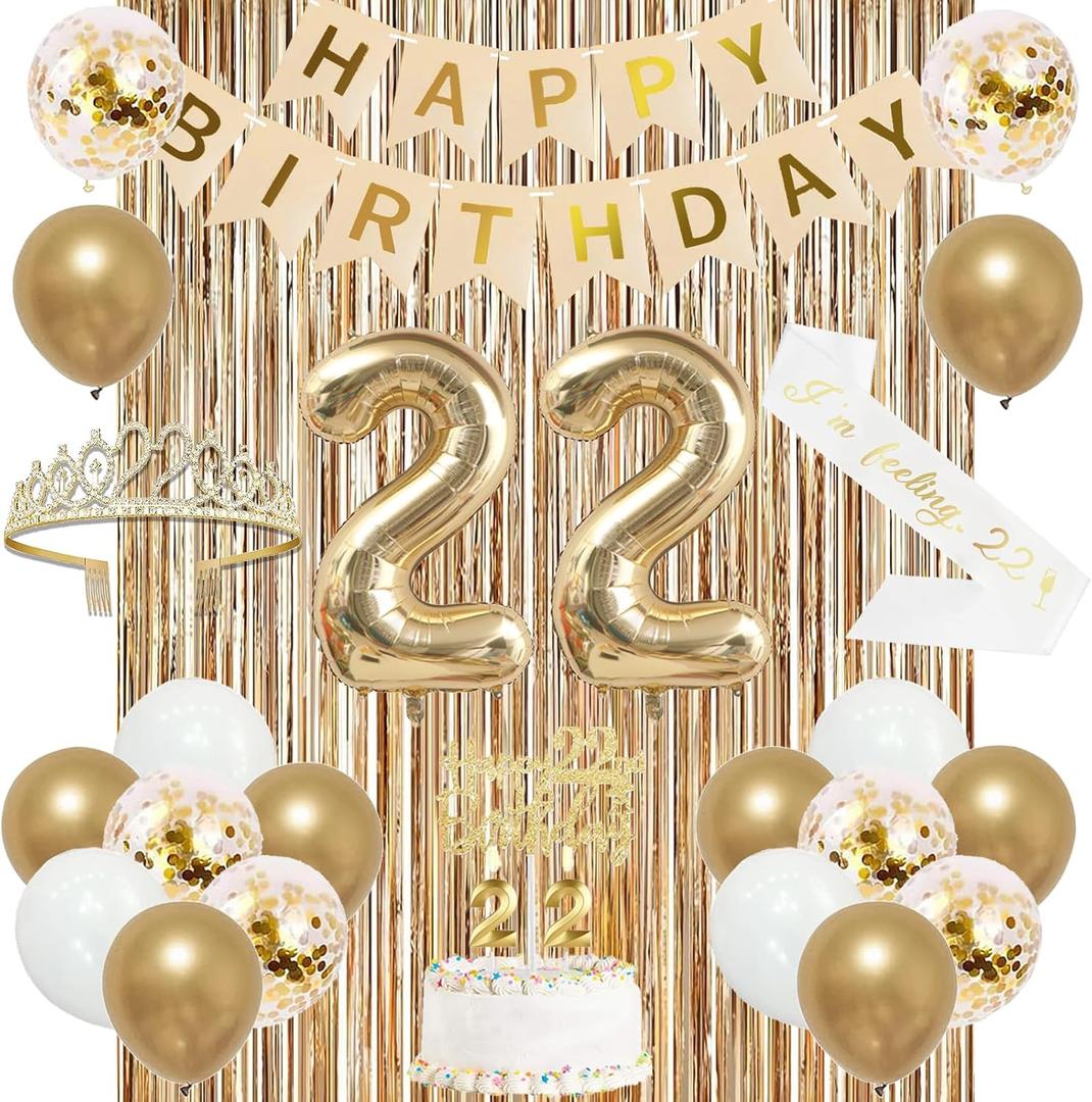 Trgowaul 22nd Birthday Decorations for her, Champagne Gold Happy 22nd Birthday Supplies for Girls, 22 Sash and Crown, Banner, Fringe Curtains, Cake Topper, 22 Year Old Party Supplies Set