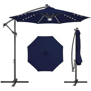 FLAME&SHADE 10ft Solar Cantilever Umbrella with 40 LED Lights, Lighted Large Offset Outdoor Patio Umbrellas, 8 Sturdy Ribs, UPF50+ UV Protection for Pool Deck Garden Yard, Navy Blue