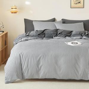 Wake In Cloud - Striped Comforter Set, Ticking Stripe Vertical Pinstripe Neutral Farmhouse Pattern Printed, Soft Lightweight Bedding, 3 Pieces, Dark Gray White, Full Size