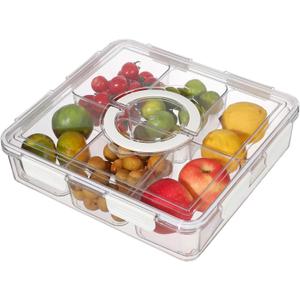Taiuloo Divided Serving Tray with Lid & Handle, Airtight 6 Compartment Snackle Box Charcuterie Container, Fridge Organizer Bins, Food Storage Container Veggie Tray for Snack, Fruit, Candy, Nuts