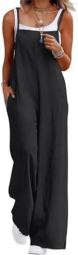 Lepunuo Women's Casual Loose Jumpsuits Summer Boho Wide Leg Rompers Sleeveless Overalls with Pockets, size L