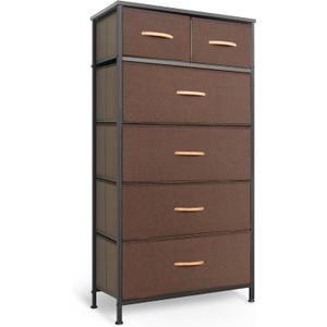 Tall Dresser for Bedroom, Vertical Storage Organizer Tower with 6 Drawers, Chest of Drawers with Fabric Bins, Steel Frame, Wood Top for Bedroom, Closet, Entryway- Brown