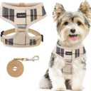 SCENEREAL Puppy Dog Harness with Leash Set for Small Medium Sized Dogs, Soft Mesh Step in Pet Harnesses and Leash, No Chock Plaid Adjustable No Pull Vest for Dogs Cats, Chihuahua,Bulldog (Beige Small) (S: Chest Girth: 14"-18")