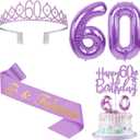 60th Birthday Decorations for Women Purple with 60th Birthday Sash and Crown, Cake Topper and Candles, Number Balloons, 60 Year Old Gifts for Women