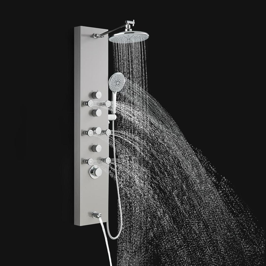ROVOGO Shower Panel Tower System - Use 4 Functions at the Same Time: Rain Shower, Handheld, Body Jets and Tub Spout, 304 Stainless Steel Shower Column with Adjustable Head, Brushed